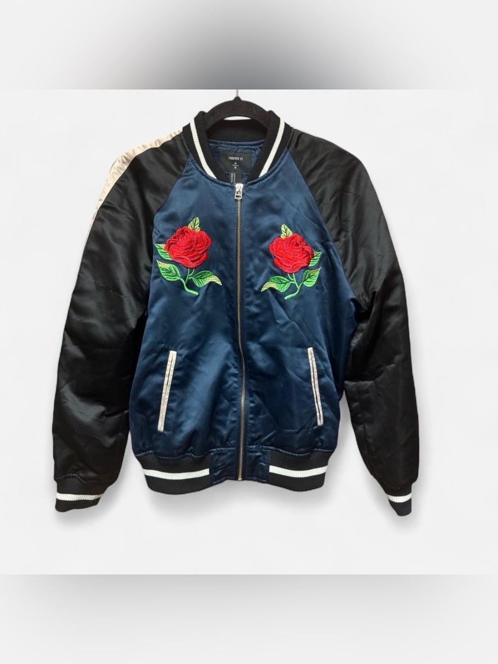 Forever 21 Navy Blue & White Satin Zip Up Bomber Jackets with Embroidered Roses